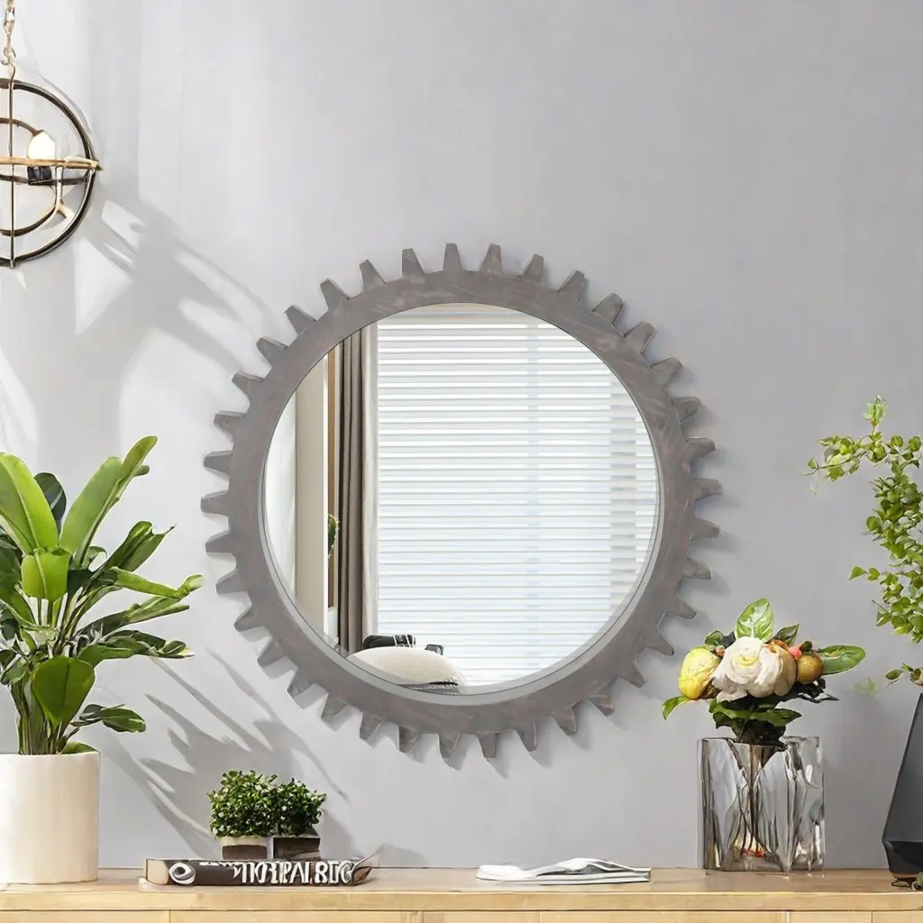 Vintage 26 Inch X 26 Inch Wall Wood Round Hanging Gear Influence Heavy Decorative Clock rnb