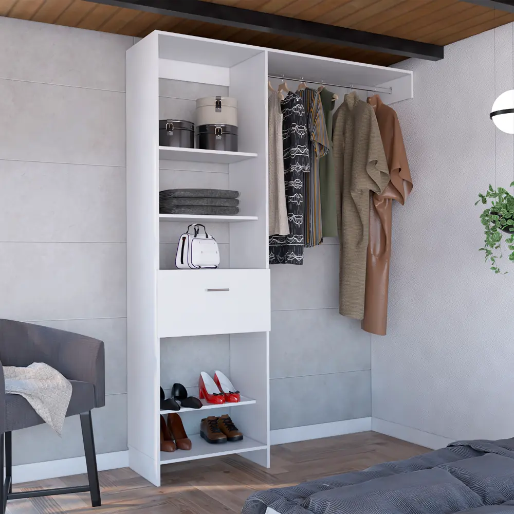 Manchester 150 Closet System Metal Rod Five Open Shelves One Drawer Wardrobe Organizer tuhome