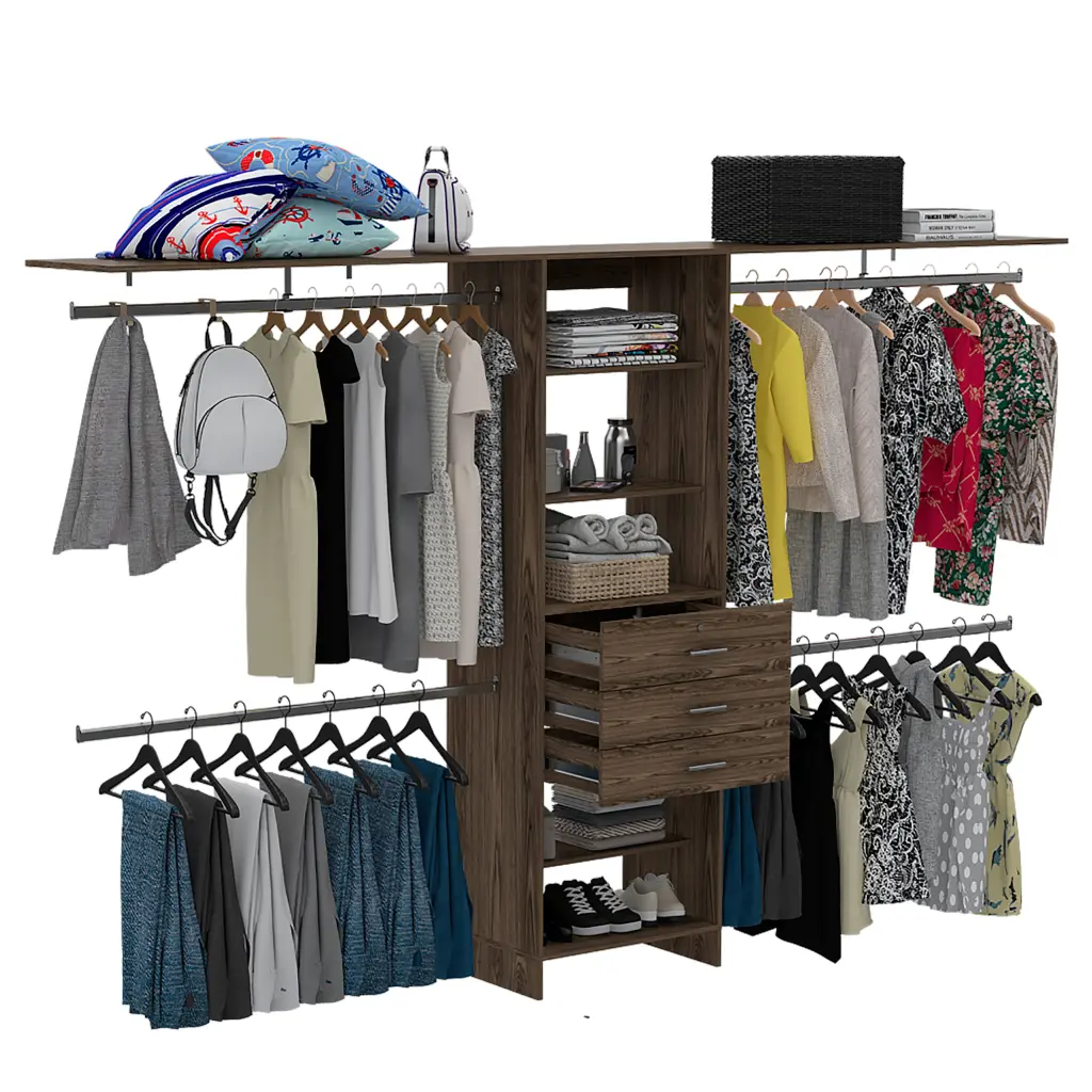 Closet System 69 to 118 Inches Four Hanging Rods Three Drawers Five Shelves depot e-shop