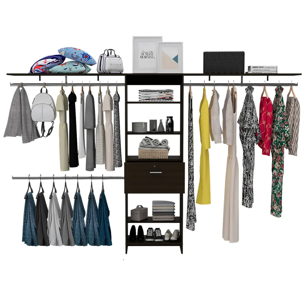 Bergen 1 Drawer 4 Shelf Closet System Dark Walnut Black Particle Board Storage Organizer furniture max