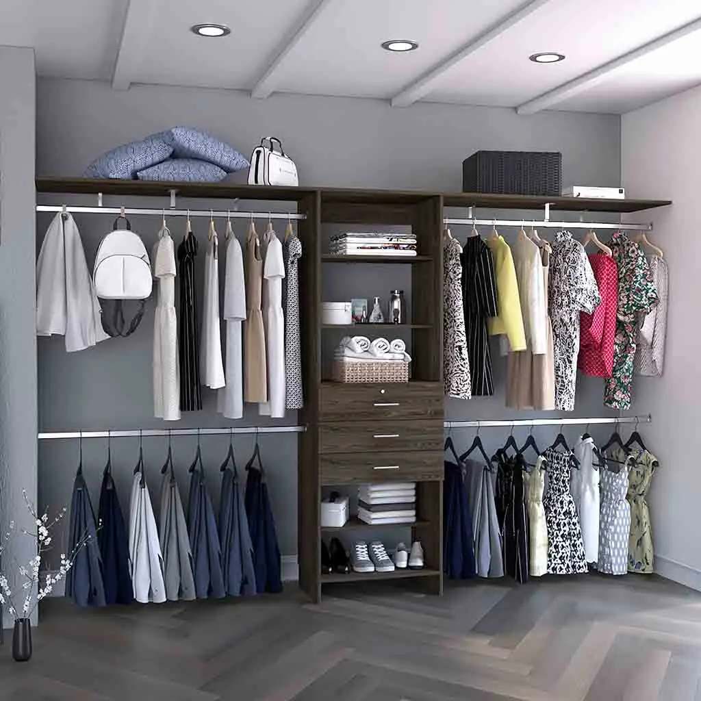 Plego 69 Inch W 118 Inch W Drawers Closet System Five Shelves Four Hanging Rods tuhome