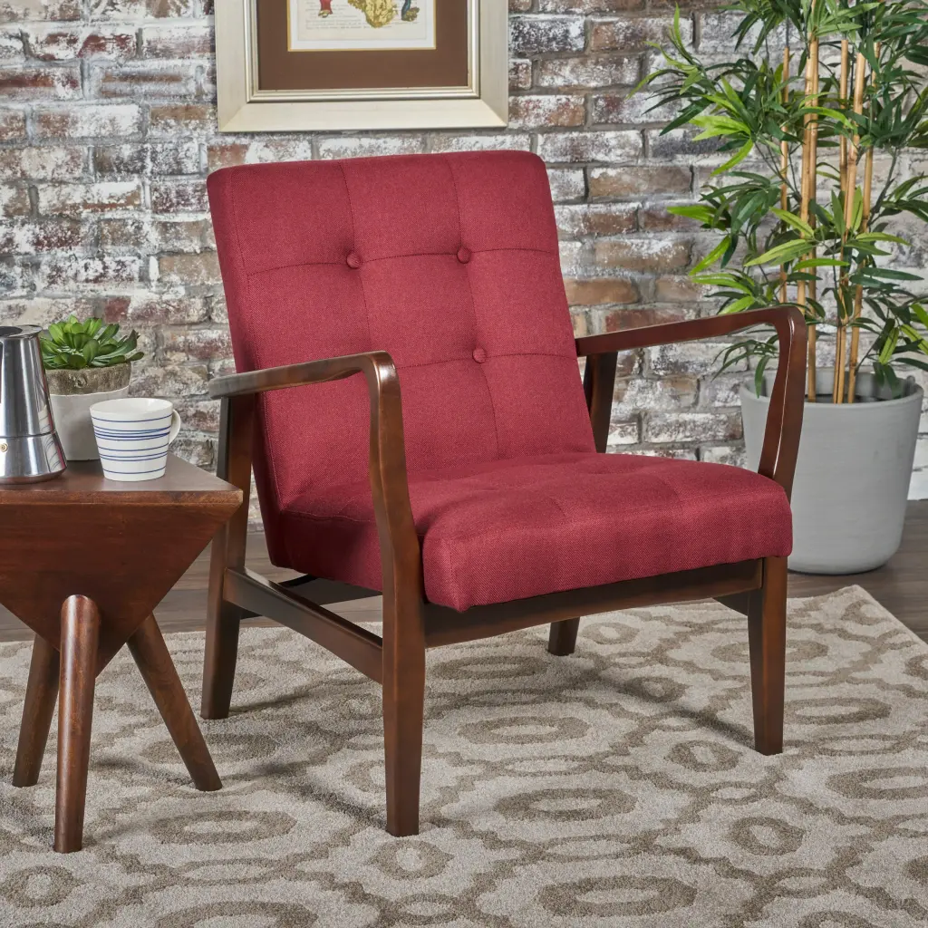 Deep Red Fabric Mid Century Modern Club Chair nh-cozy home