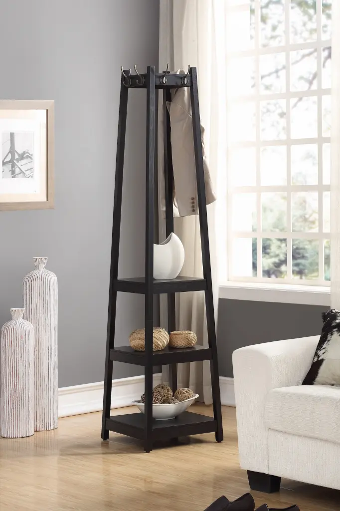 Vassen Coat Rack 3 Tier Storage Shelves Black Finish Wood hz
