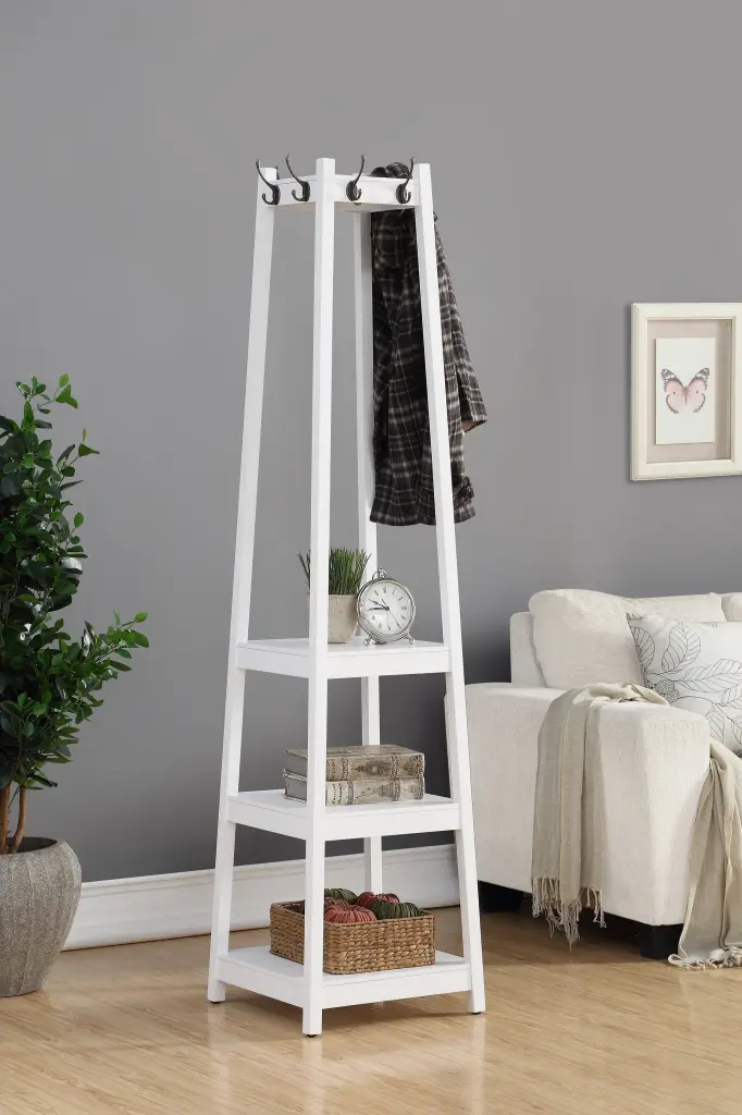 Vassen Coat Rack 3 Tier Storage Shelves White Finish Entryway Organizer hz