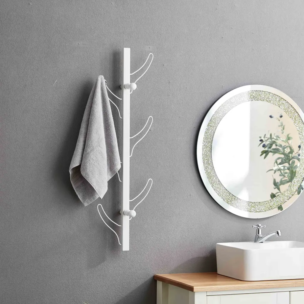 Vertical Eight Hook Coat Rack Wall Mount White Particle Board id international- inc.