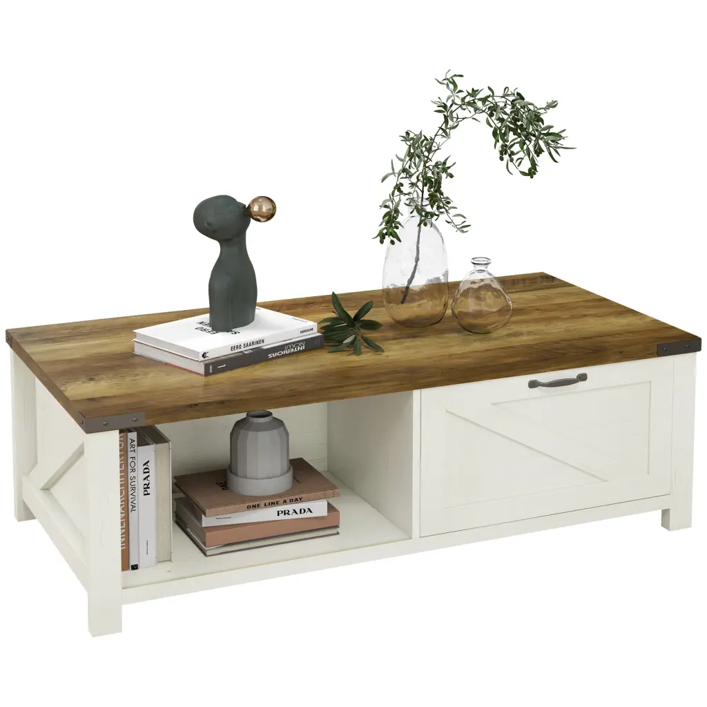 Homcom Farmhouse Coffee Table Storage And Drawer Rustic Living Room Table aosom business