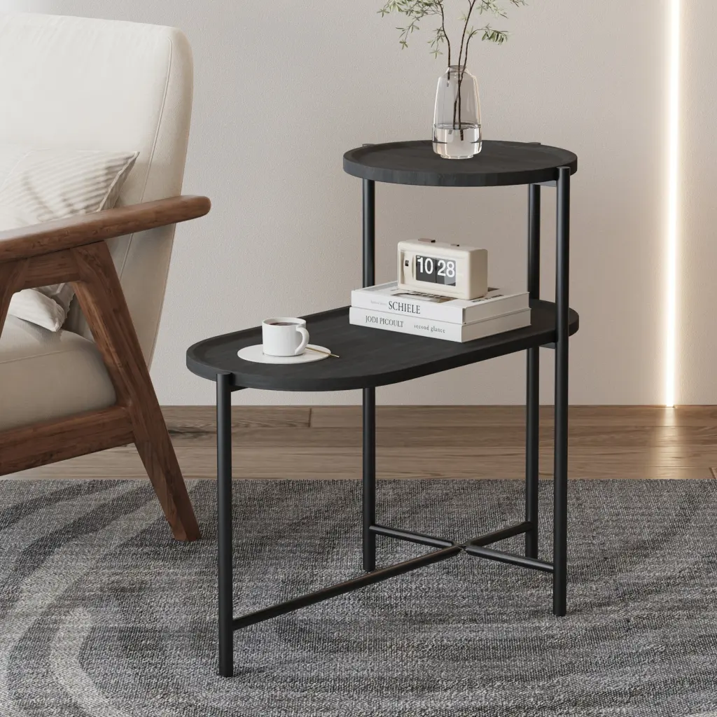 Round Coffee Table Storage Tray 2 Tier Oval End Tables Wooden Small yiqiumi furniture