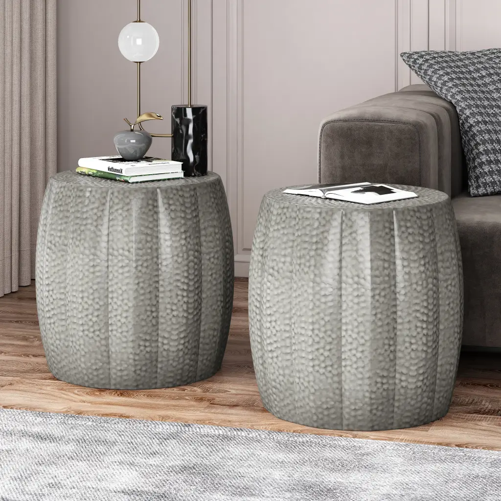 Metal Hammered End Tables Set 2 Antique Silver Iron Living Room Side Tables nh-home living