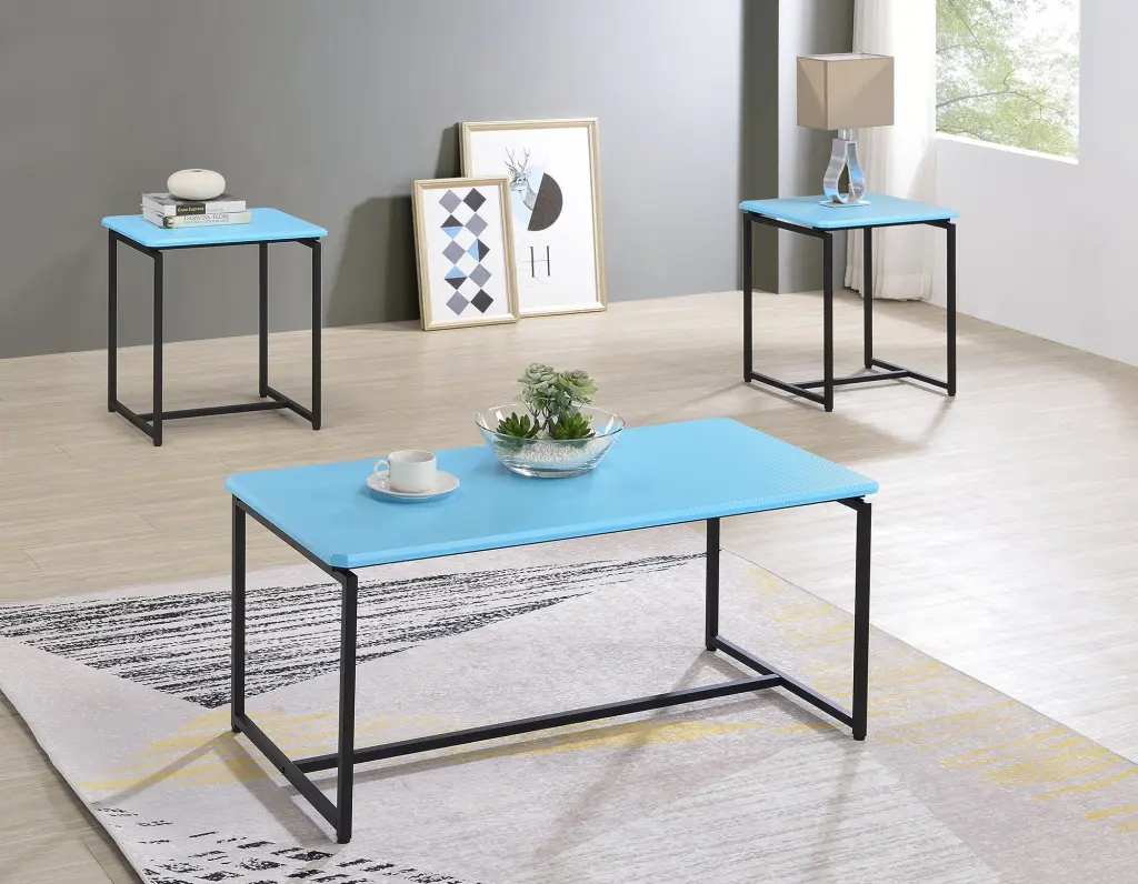 3 Piece Blue Carbon Fiber Wrap Coffee Table and End Table Set lilola home
