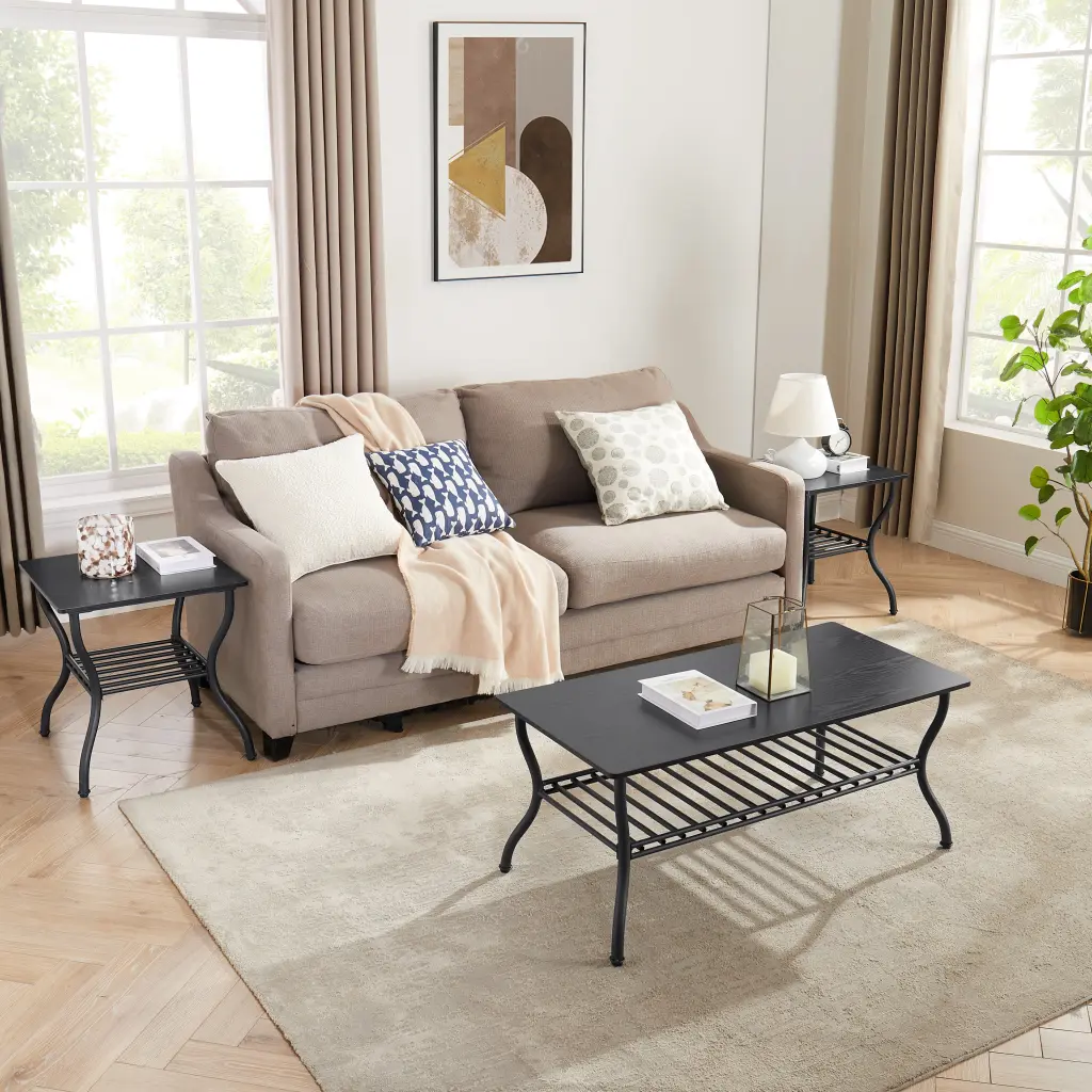 Modern 3 Piece Coffee Table Set Rectangle Table and 2 Square Stools rnb