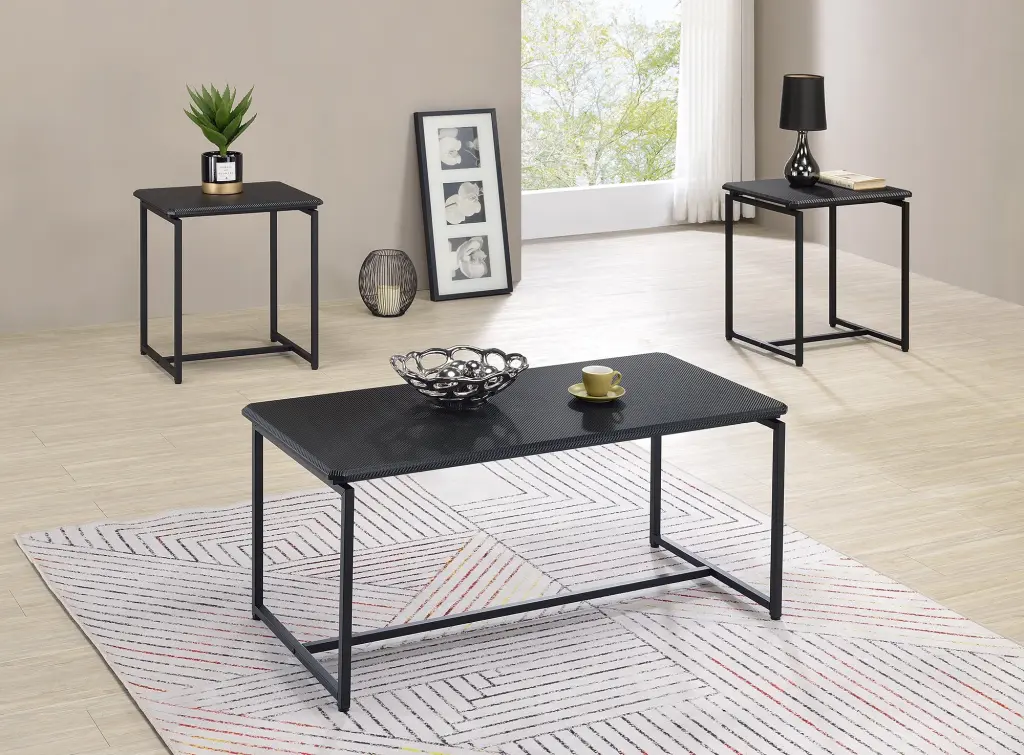 GT 3 Piece Black Carbon Fiber Wrap Coffee Table and End Table Set - Modern Living Room Furniture lilola home