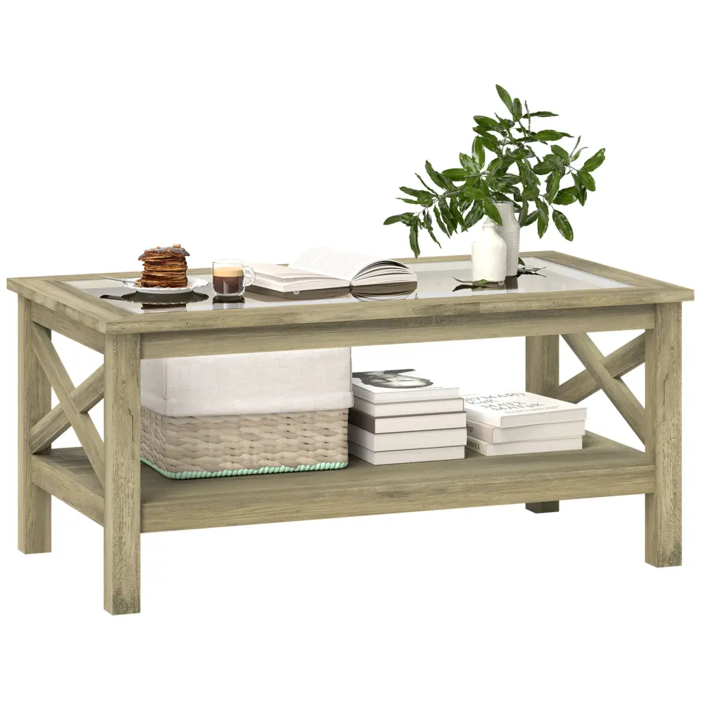Homcom Glass Coffee Table Modern Farmhouse Center Table Storage Shelf Living Room Furniture aosom business