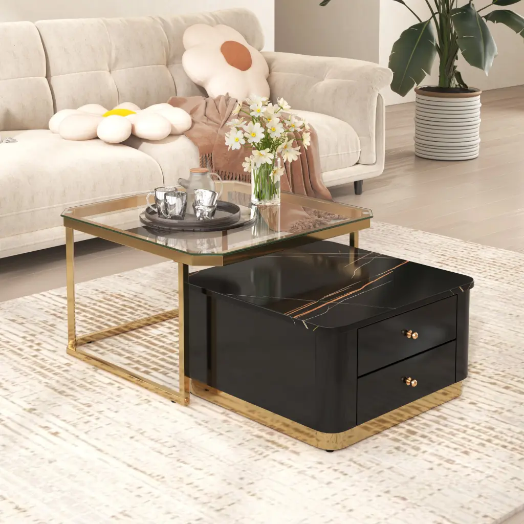 Modern 2 Piece Black Square Nesting Coffee Table Drawers changes