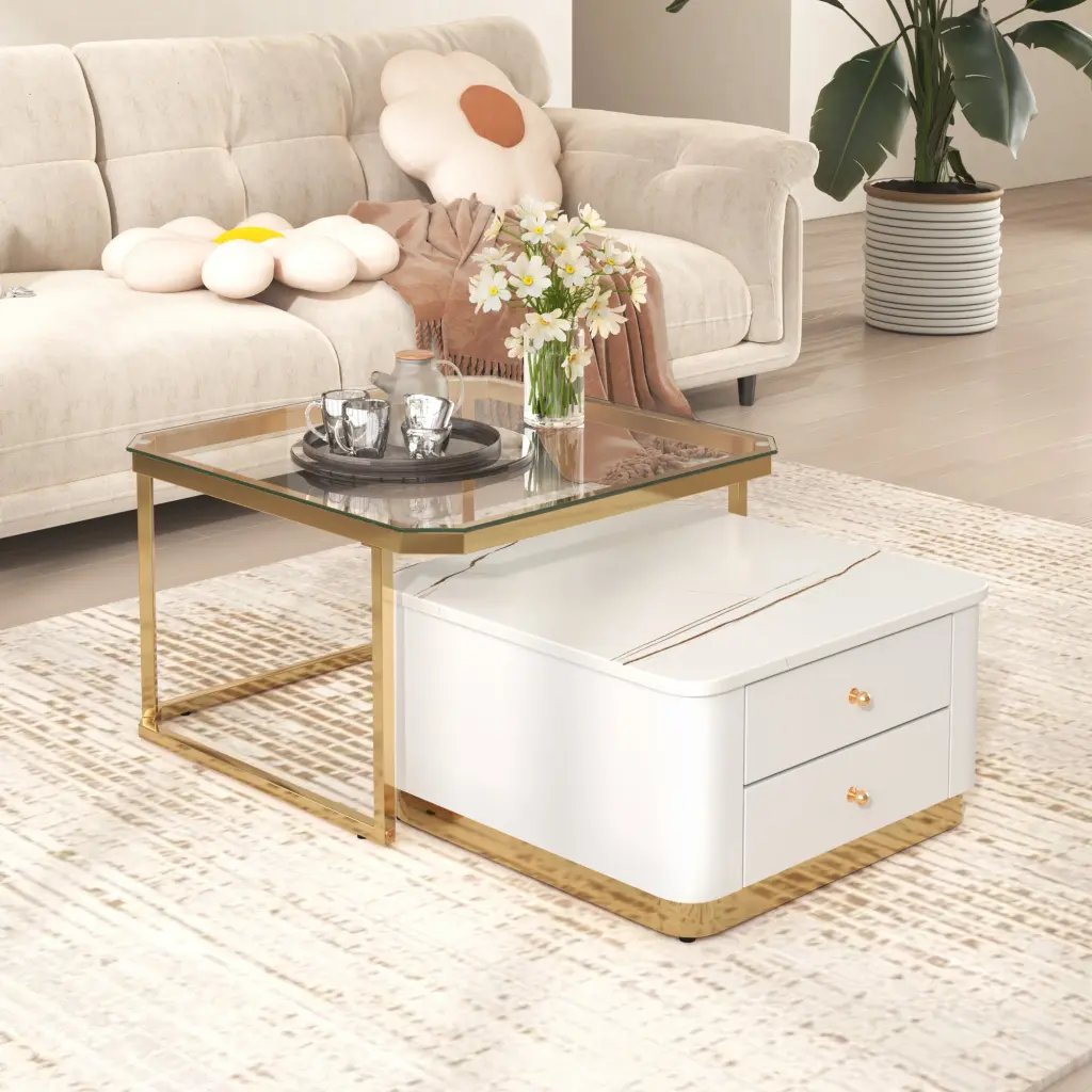 Modern 2 Piece White Square Nesting Coffee Table Drawers & Electrical Outlet changes