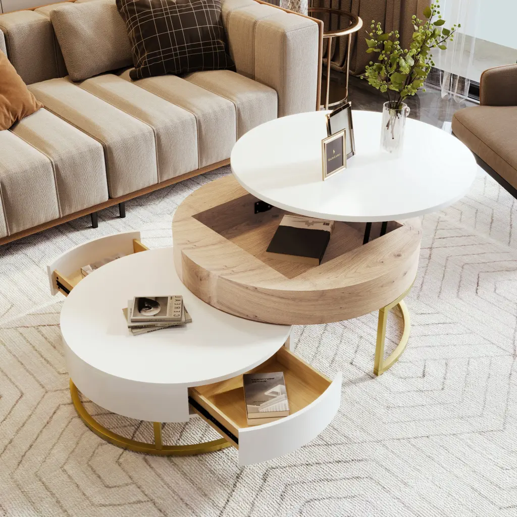 Modern Round Lift Top Nesting Coffee Tables 2 Drawers White & Natural changes