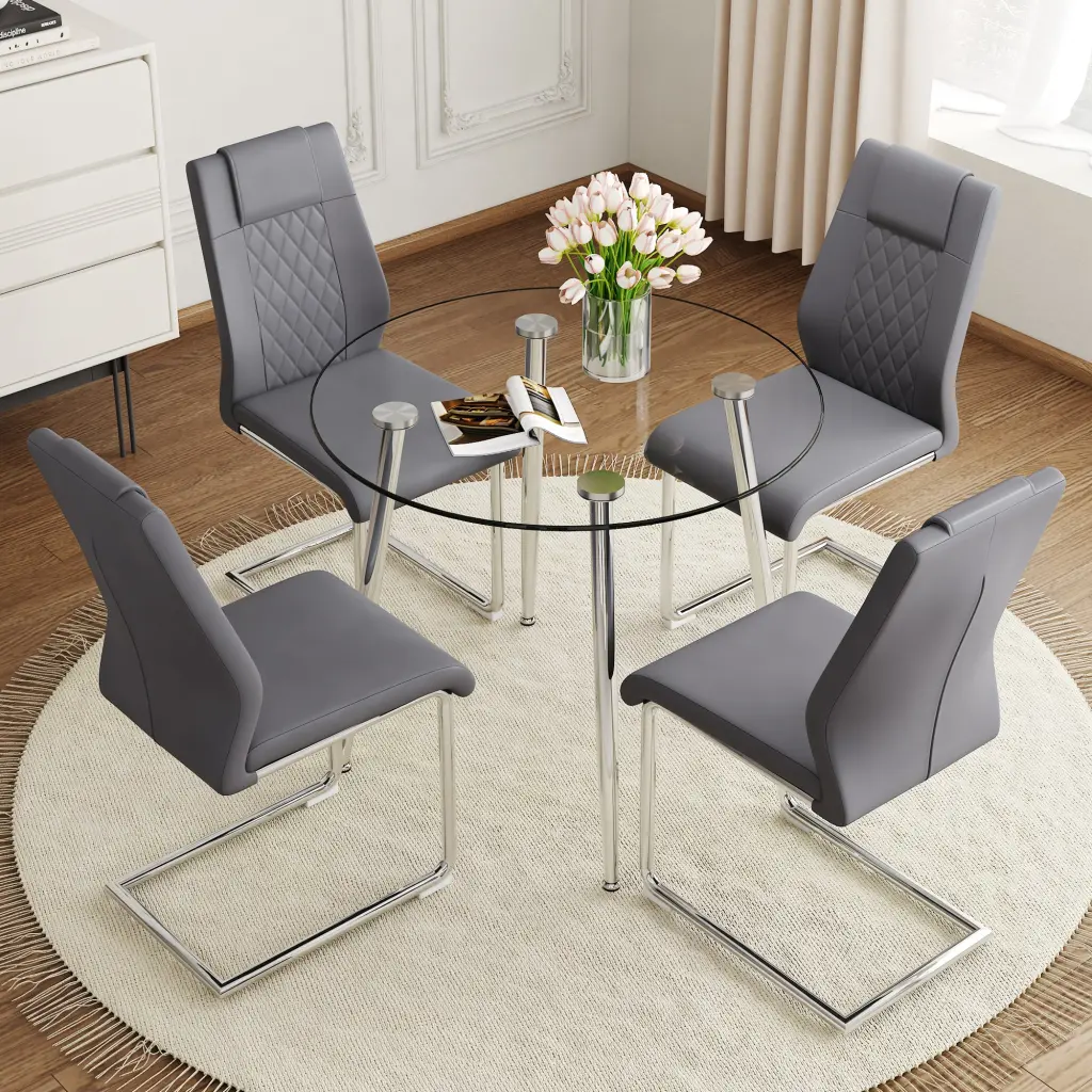 Modern Minimalist Round Transparent Tempered Glass Table Silver Base droom w-1151