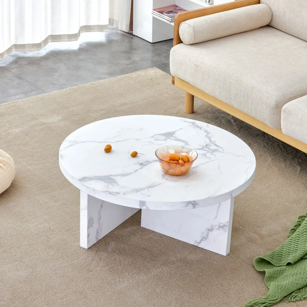White MDF Circular Patterned Coffee Table 31.4 Inch Living Room droom w-1151