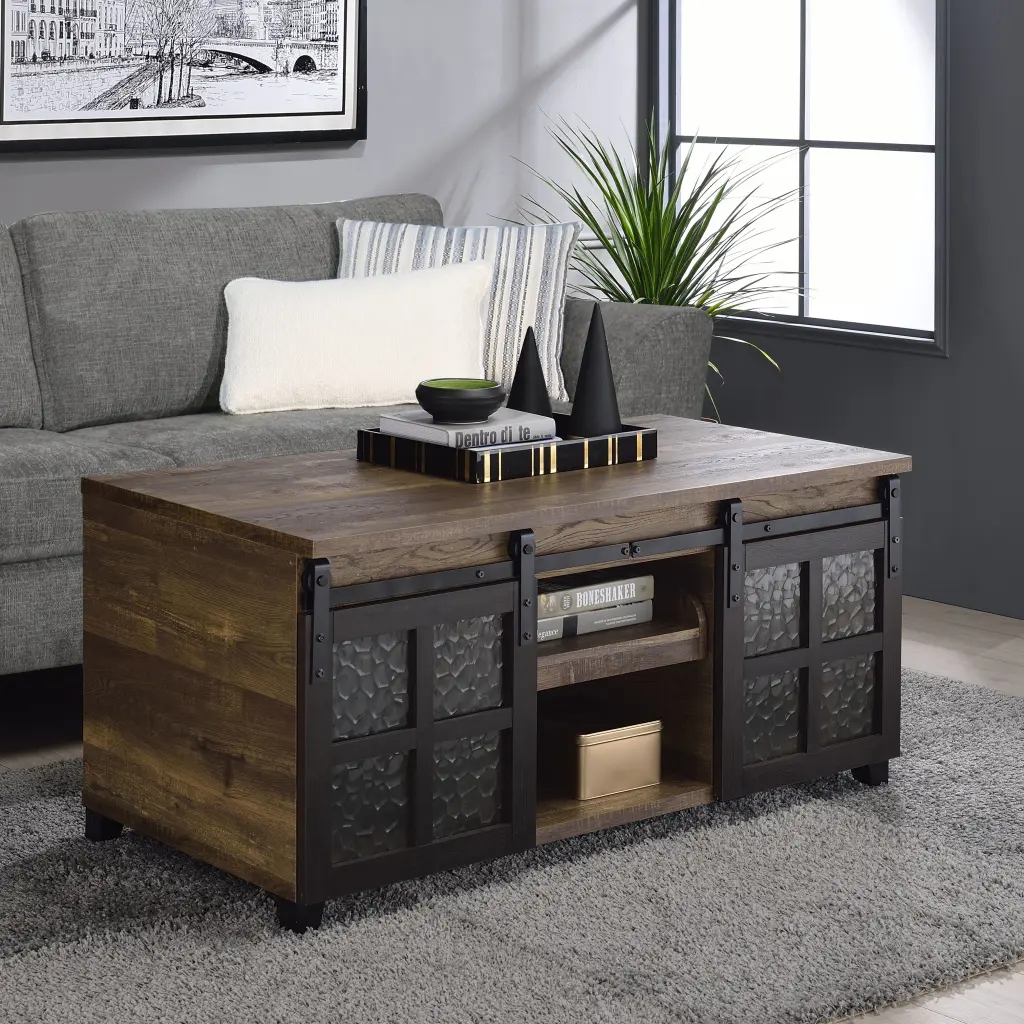 Rustic Oak Black Coffee Table Sliding Doors Farmhouse Living Room Table furniture max