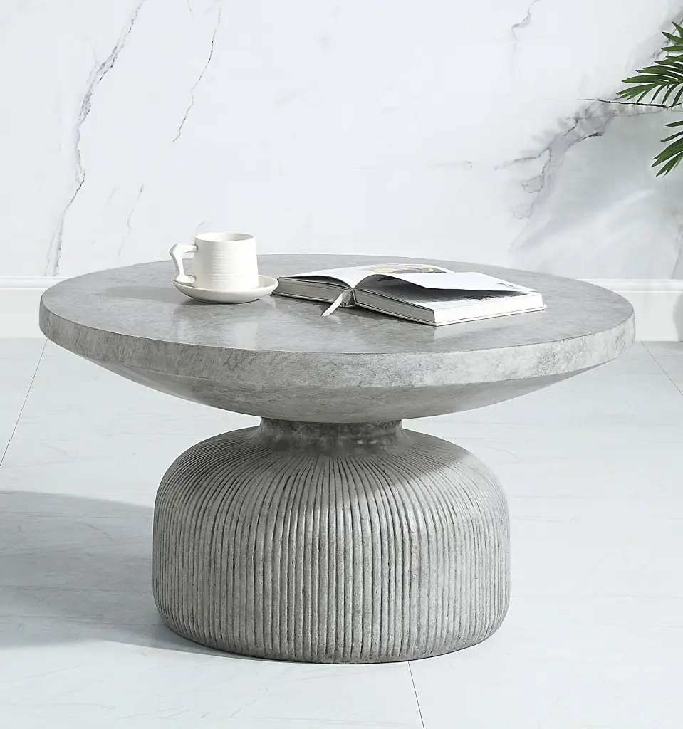 Weathered Grey Round Top Coffee Table Pedestal Base Grey Primed Finish furniture max