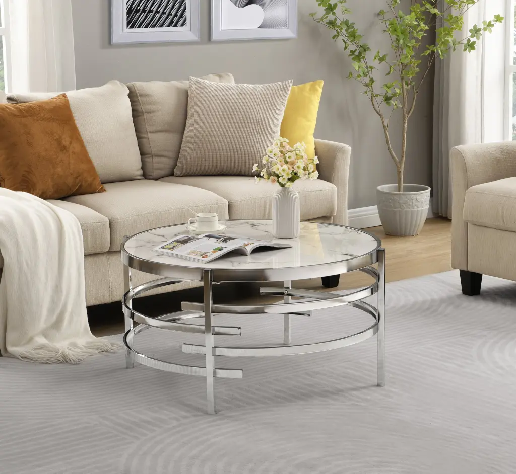32.48 Inch Chrome Round Coffee Table Sintered Stone Top and Robust Metal Base ghn