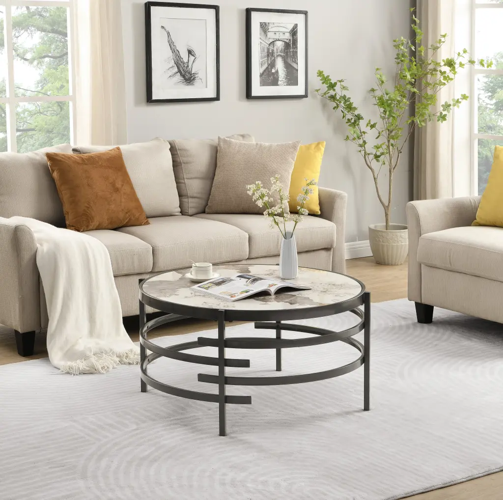 32.48 Inch Round Coffee Table Sintered Stone Top and Robust Metal Frame ghn