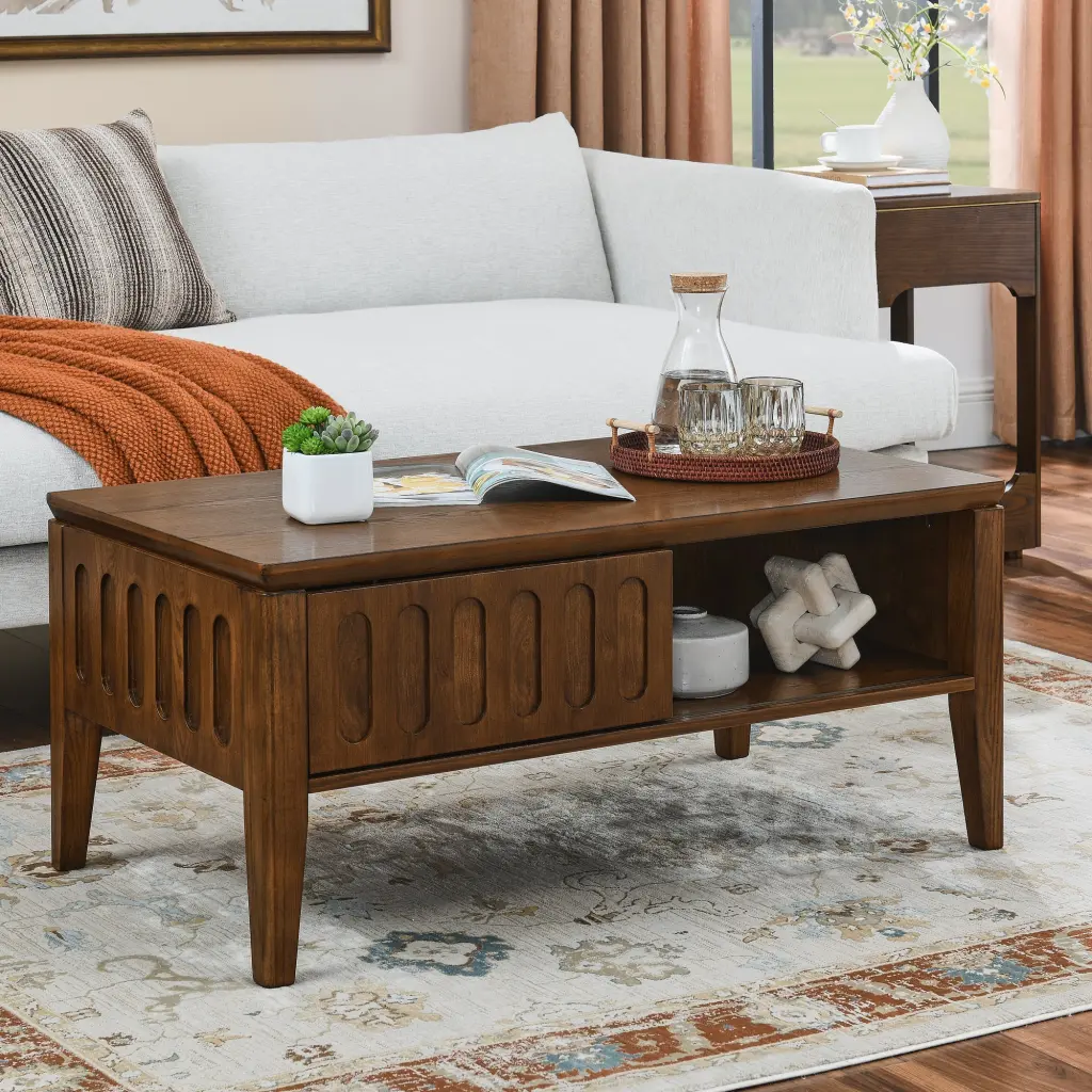 Mid Century Modern Fluted Coffee Table Storage Sliding Door Solid Wood Living Room Furniture haiyi furniture