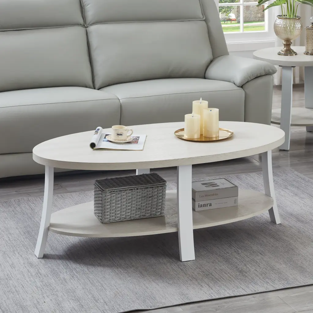 Anze Contemporary Oval Wood Shelf Coffee Table White Finish hz