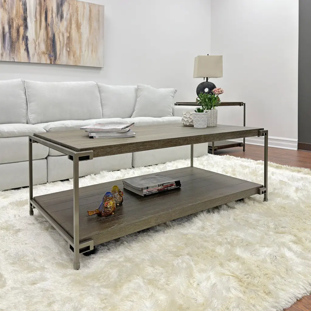 Corbeta Metal Frame Wood Living Room Coffee Table Casters Brown Finish hz