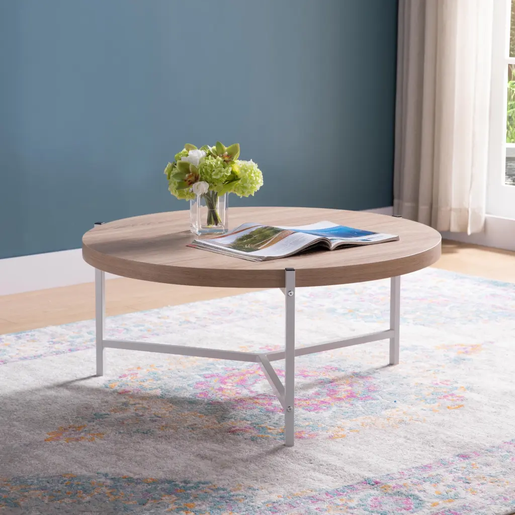 36.5 Inch Round Coffee Table White Metal Legs Weathered White Finish id international- inc.