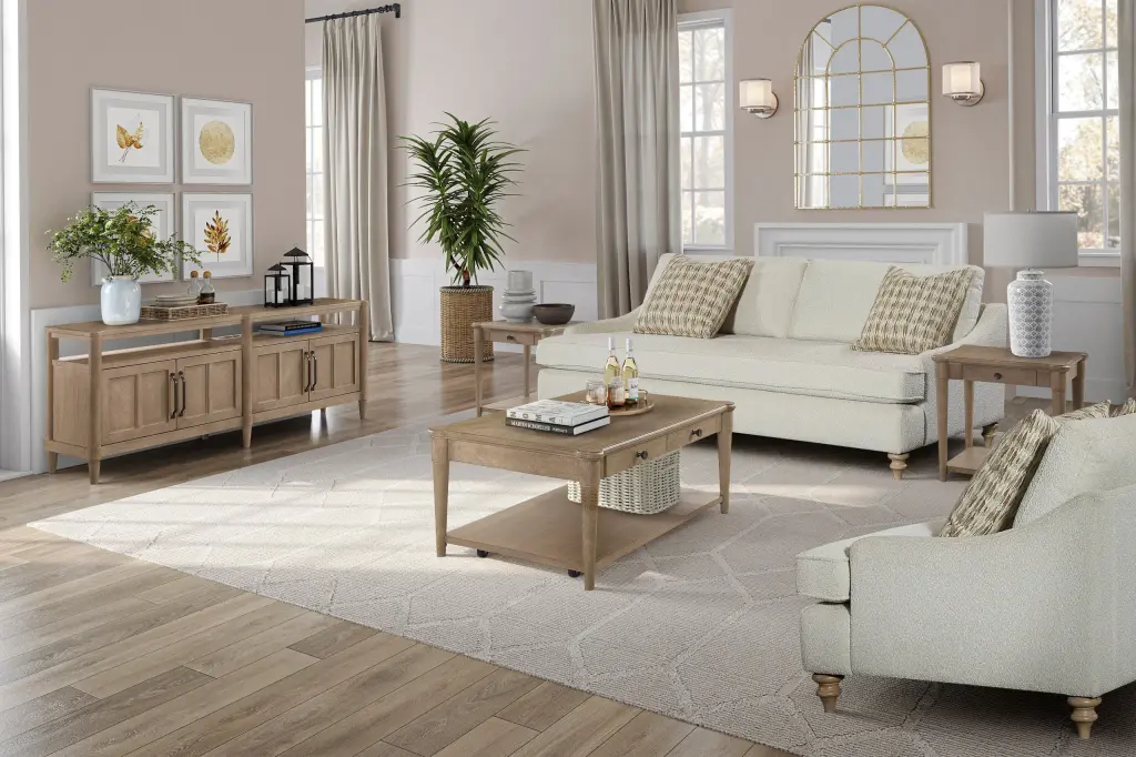 Sand Colored Cocktail Table Two Storage Drawers and Casters Modern Living Room Furniture ihomefurnishings