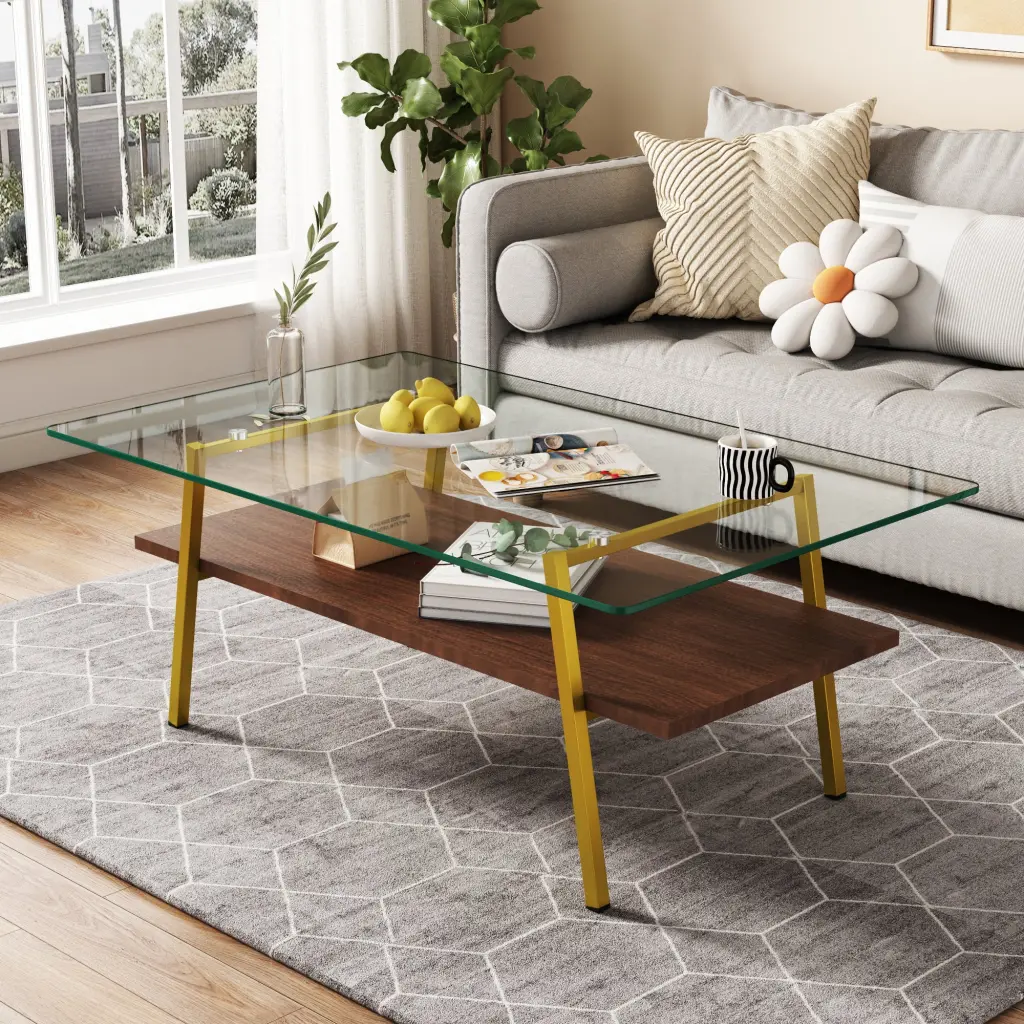 Rectangle Coffee Table Tempered Glass Tabletop Gold Metal Legs Modern Living Room Center Table jws-w241