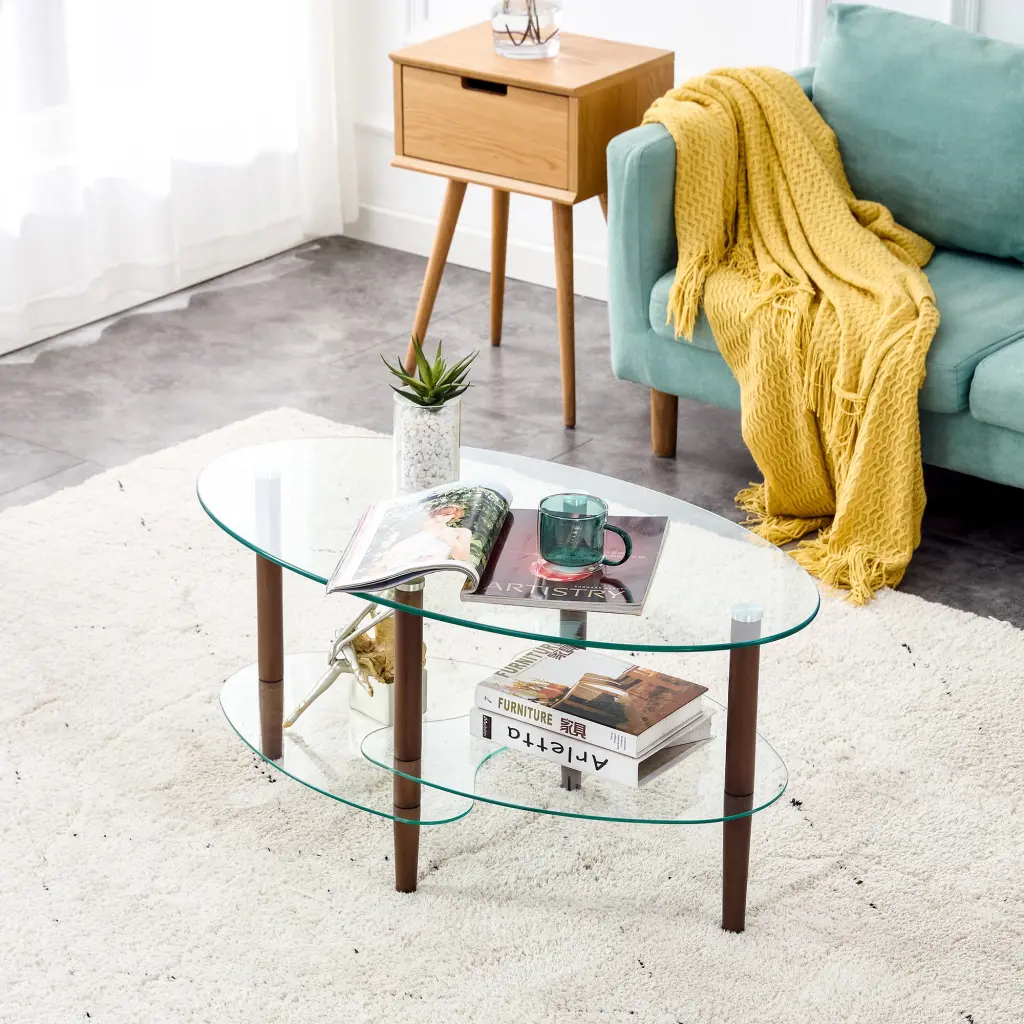 Transparent Oval Glass Coffee Table Modern Living Room Oak Wood Base jws-w241