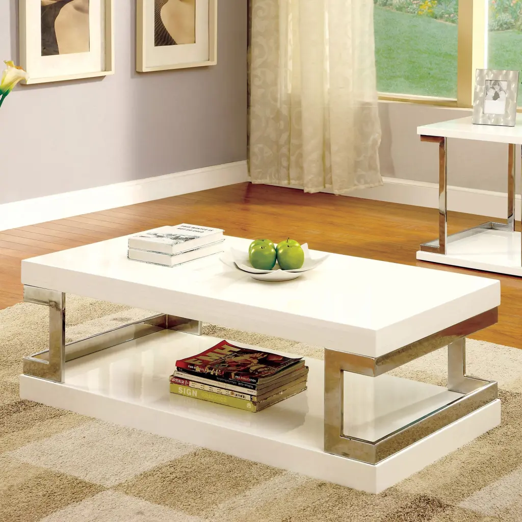 Contemporary Style White Coffee Table Bottom Shelf High Gloss Lacquer kanepe