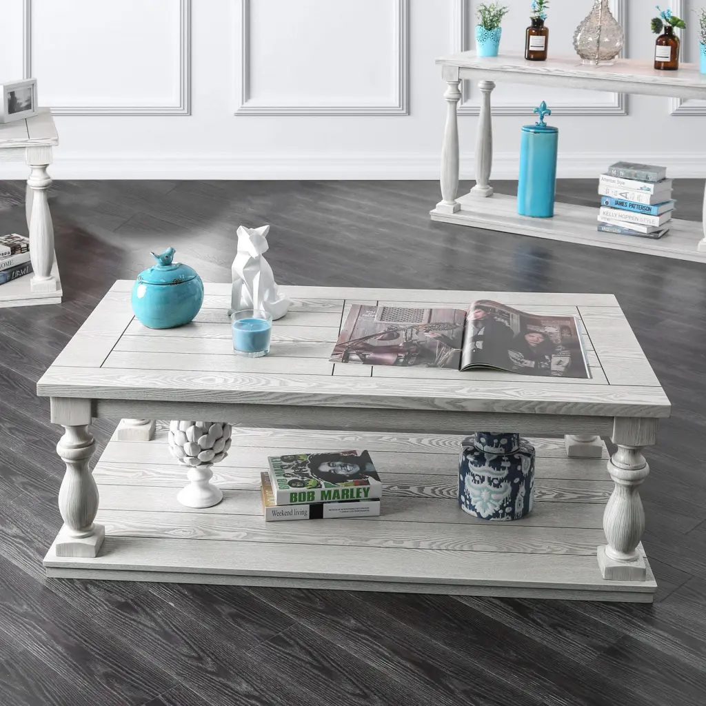 Rustic Style Antique White 1Pc Coffee Table Open Bottom Shelf Plank Style Living Room kanepe