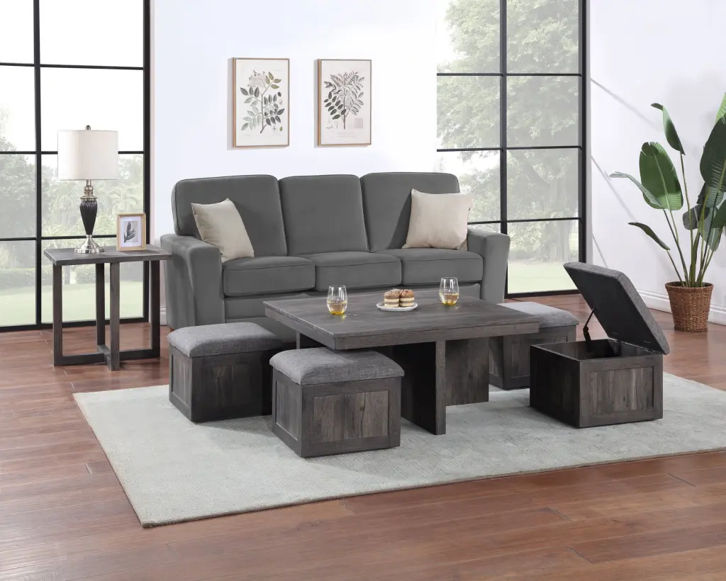 Moseberg Rustic Wood Coffee Table Storage Stools and End Table Set lilola home