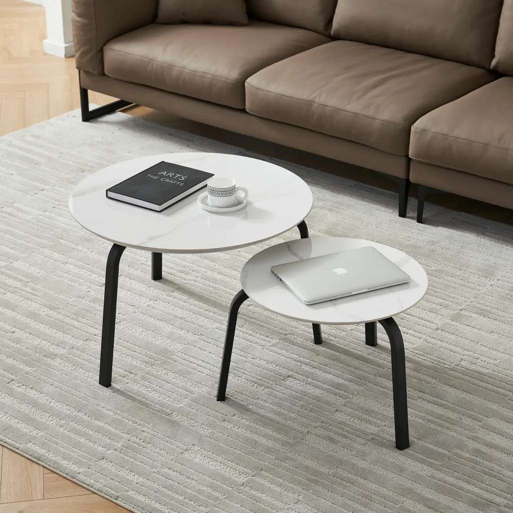 White Nesting Coffee Table Set 2 Black Frame Circular Side Tables modasi