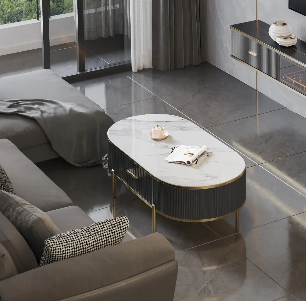 Modern Coffee Table White Gray Sintered Stone Top Gold Drawer new spec furniture