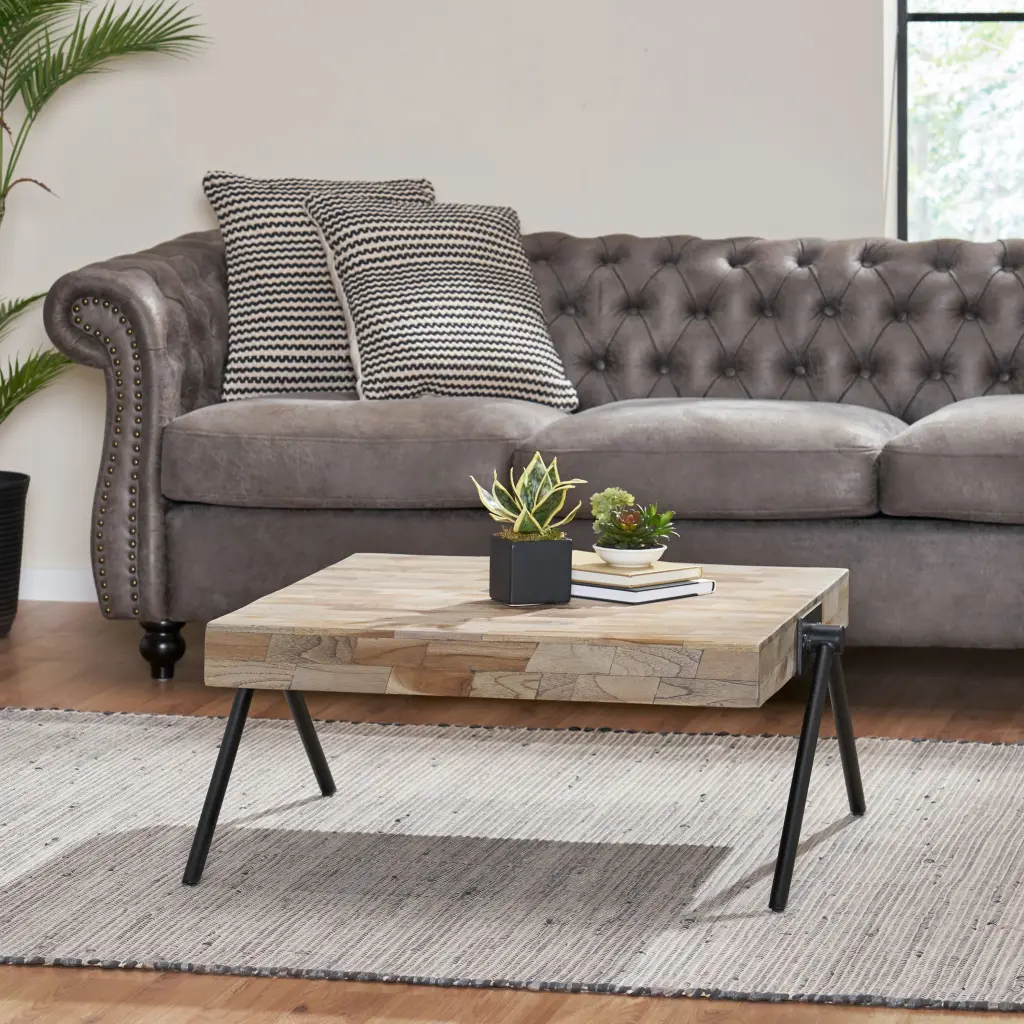 Mango Wood Coffee Table Grey Metal Frame Modern Living Room Furniture nh-inmax