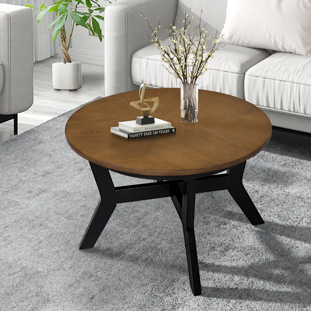 32 Inch Wood Round Coffee Table Living Room Mid Century Farmhouse Style power growth furniture