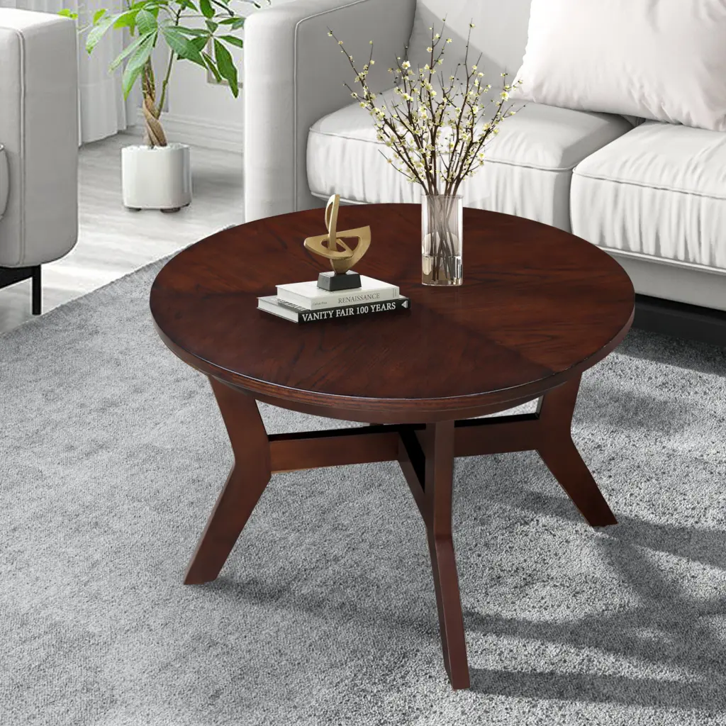 32 Inch Wood Round Coffee Table Living Room Mid Century Farmhouse power growth furniture
