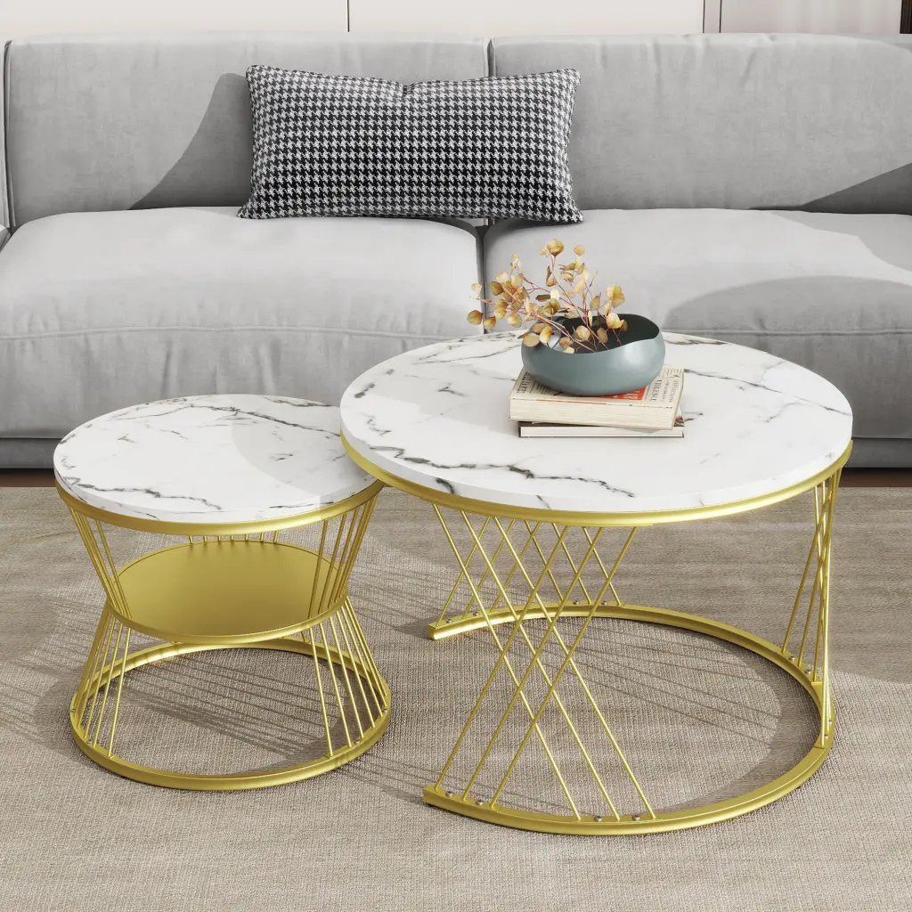 27.5 17.7 Nesting Coffee Table Marble Grain Top Gold Base rnb