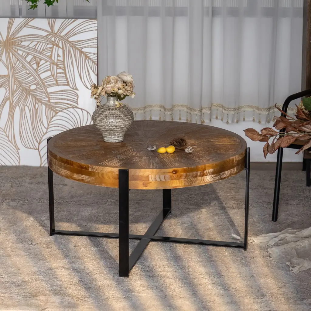 33.46 Inch Retro Drawing Technology Splicing Round Coffee Table Fir Wood Table rnb