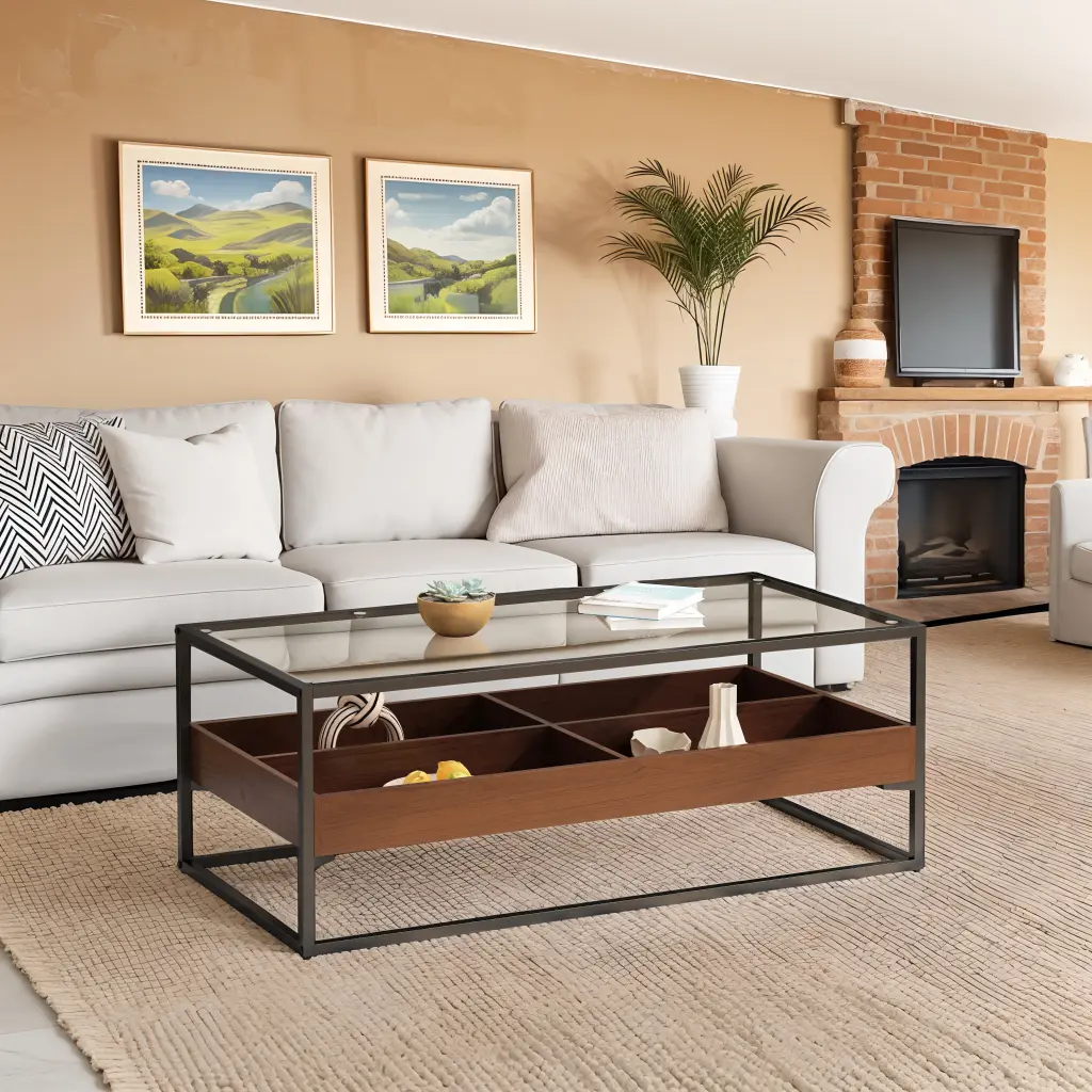 47.24 Inch Rectangle Glass Coffee Table Storage Shelf and Metal Table Legs rnb