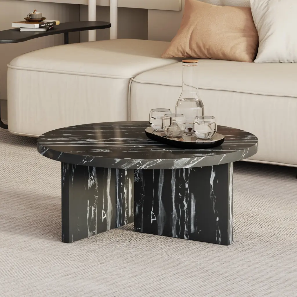 Black MDF Material Circular Coffee Table Texture - 31.4 Inch Modern Table rnb