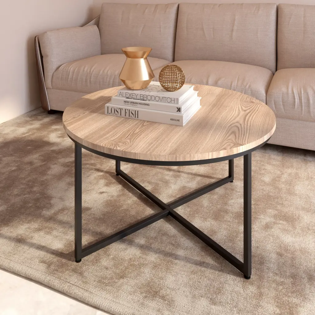 Modern Round Metal Coffee Table Light Brown Living Room rnb