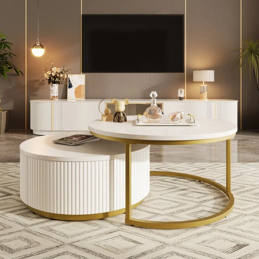 Modern Round Nesting Coffee Table Fluted Design Drawer White Gold rnb