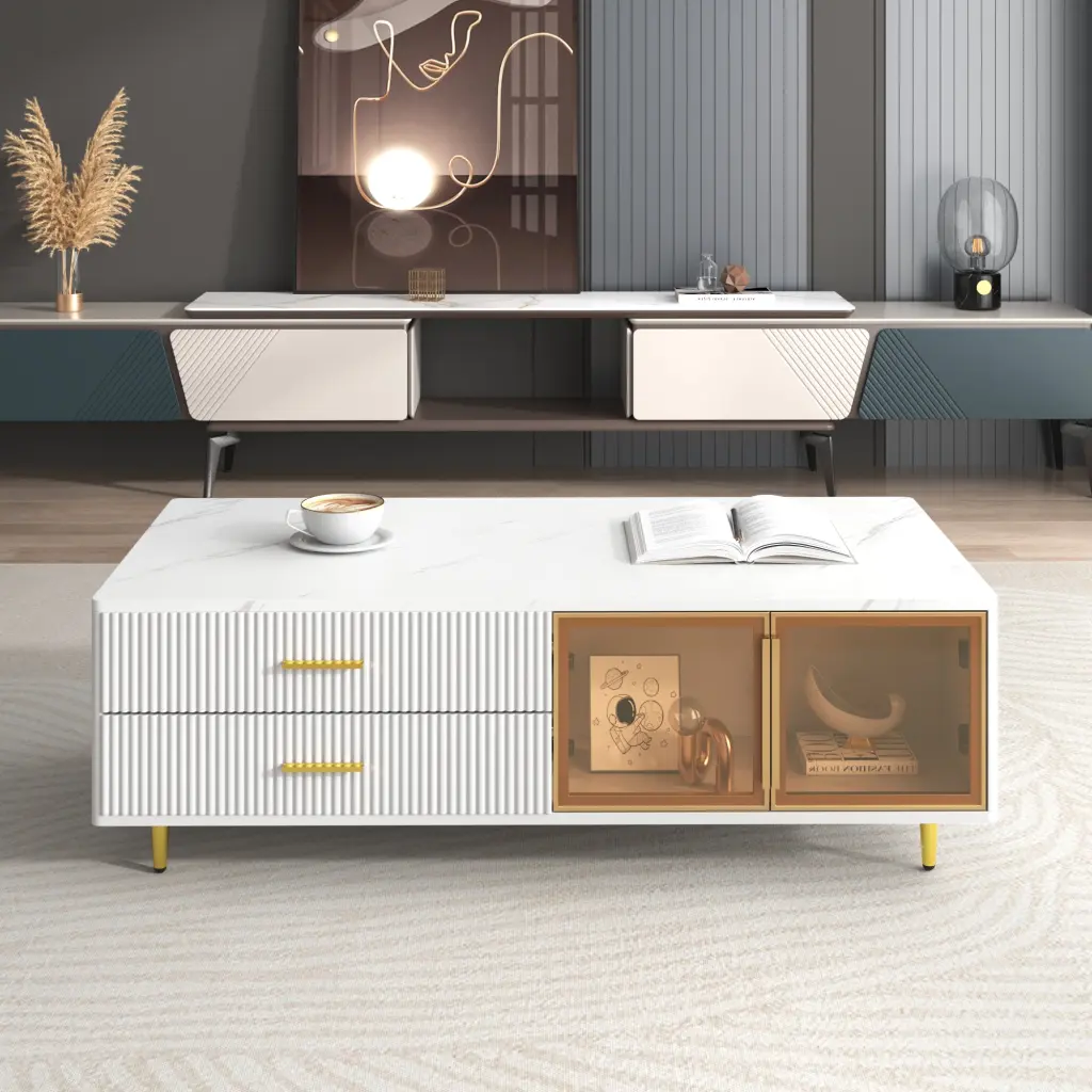 Modern White Coffee Table 2 Glass Door Storage and 4 Drawers Gold Metal Legs rnb