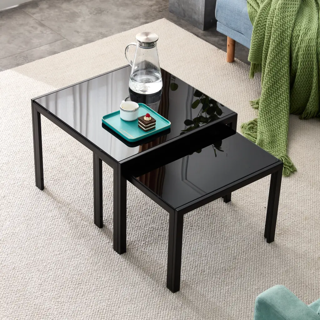 Nesting Coffee Table Set 2 Square Modern Stacking Table Tempered Glass rnb