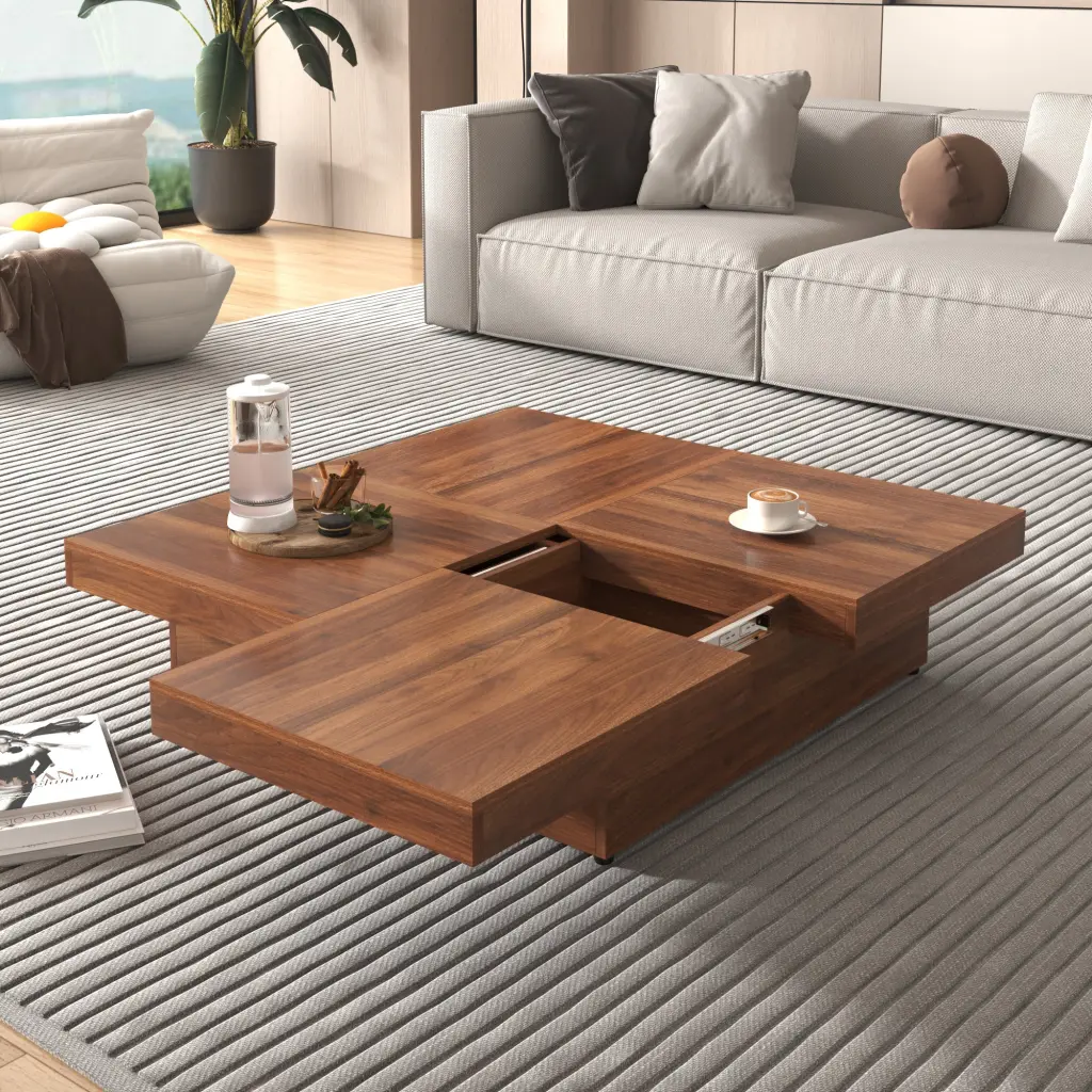 Square Marble Veneer Coffee Table Sliding Top and Storage Walnut rnb