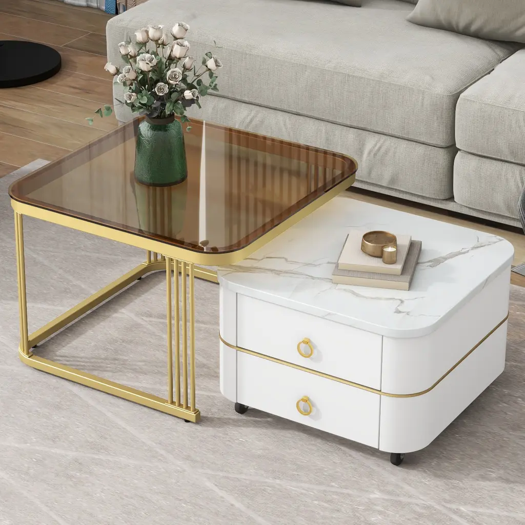 2 1 Square Nesting Coffee Table Wheels and Drawers Stackable rnb